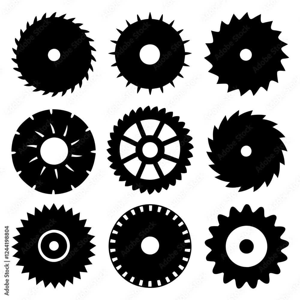 A set of various saw blade silhouettes, perfect for industrial, construction, or DIY projects. A set of various saw blade silhouettes, perfect for industrial, construction, or DIY projects.