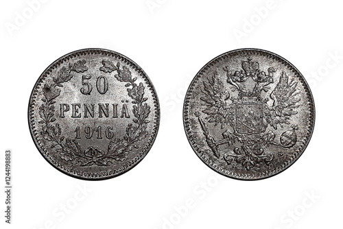 50 Pennia 1916 coin. Coin of Finland. Coin 50 pennia 1916 Obverse and Reverse on white background. Russian imperial eagle with Finnish coat of arms in the middle