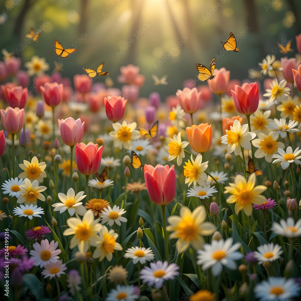 Fototapeta premium field of yellow flowers.Vibrant Spring Meadow with Tulips, Daisies, and Butterflies