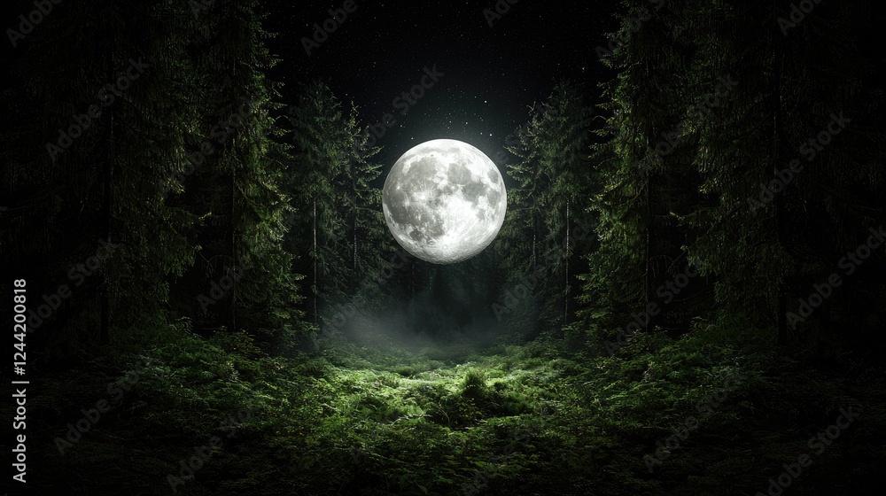 Naklejka premium Full moon over forest, mystical night scene, nature background, fantasy art