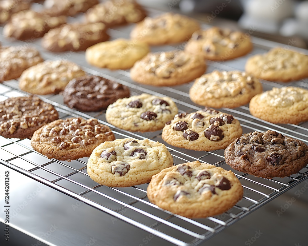 Assorted Freshly Baked Cookies on Cooling Rack for Bakery Promotions – Generative AI Assorted Freshly Baked Cookies on Cooling Rack for Bakery Promotions – Generative AI