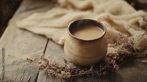 Traditional Indian hot drink with milk and spices - Masala tea. Organic ayurvedic chai, herbal drink. photo