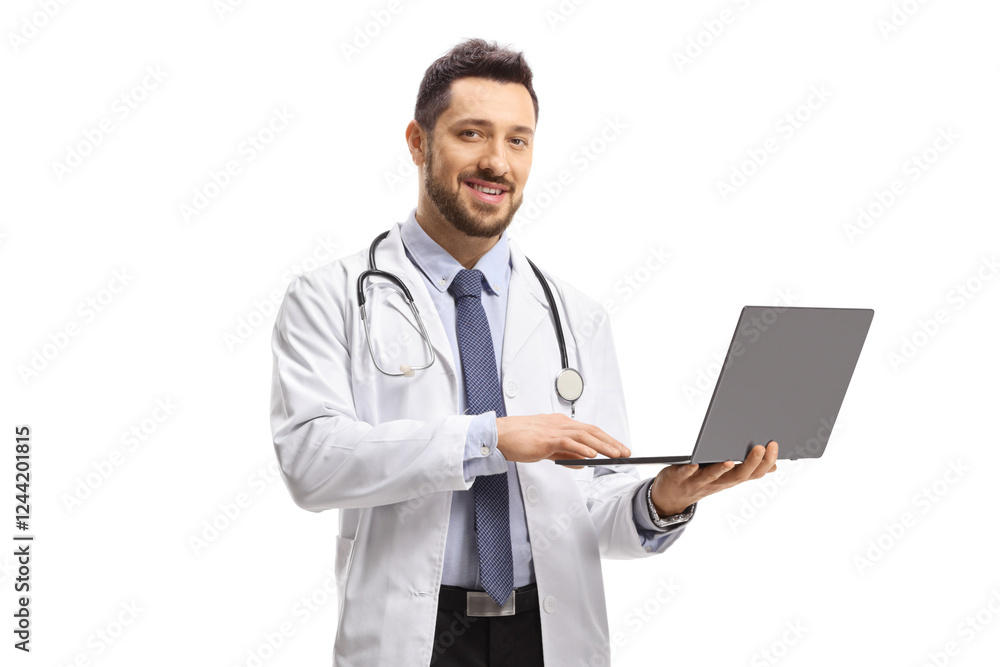 Male doctor standing and using a laptop computer Male doctor standing and using a laptop computer