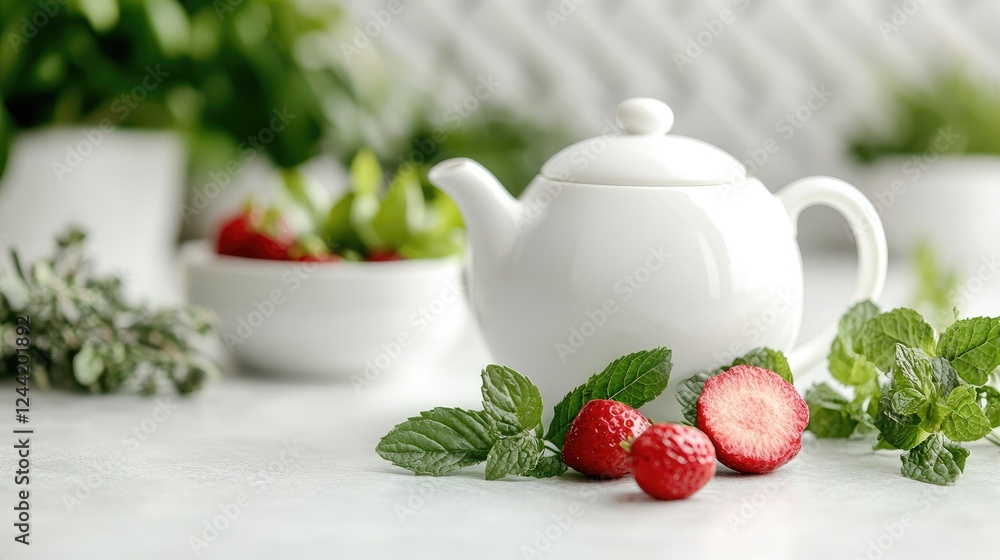 Fototapeta premium Fresh strawberry mint tea preparation; kitchen background