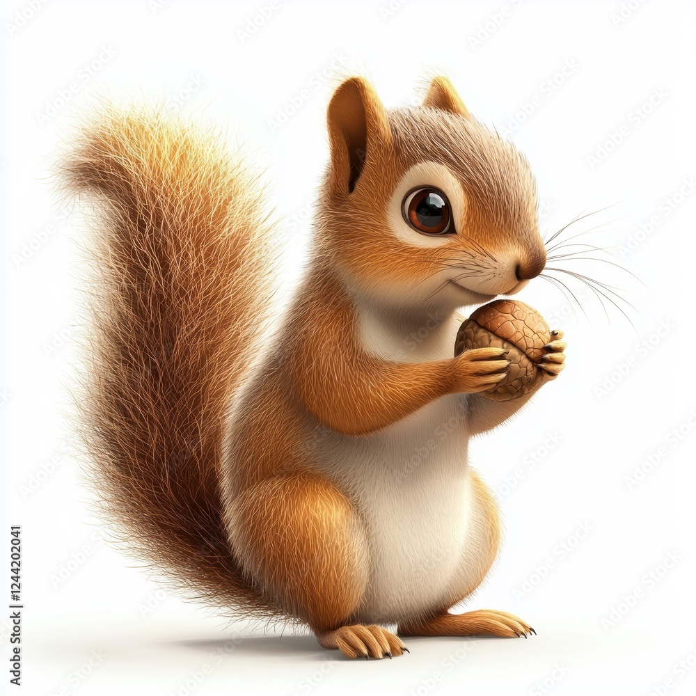 Small squirrel holding an acorn with a fluffy tail, isolated on white background Small squirrel holding an acorn with a fluffy tail, isolated on white background