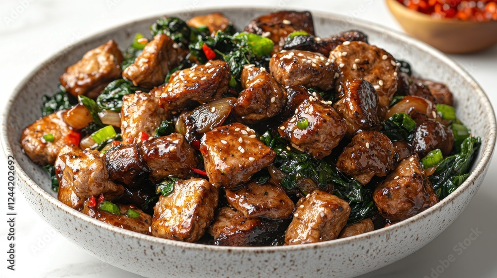 Savory Steak and Spinach Stir-fry on Marble Surface with Chili Flakes Savory Steak and Spinach Stir-fry on Marble Surface with Chili Flakes
