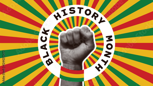 A horizontal Black History Month graphics with bold halftone clenched fist and radiating Pan-African colors