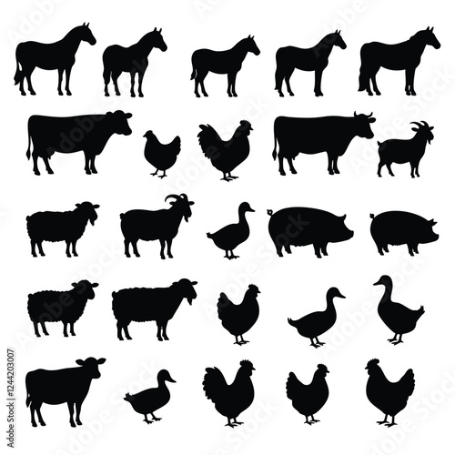 A comprehensive set of black silhouette images of various farm animals, including horses, cows, chickens, sheep, goats, pigs, and ducks