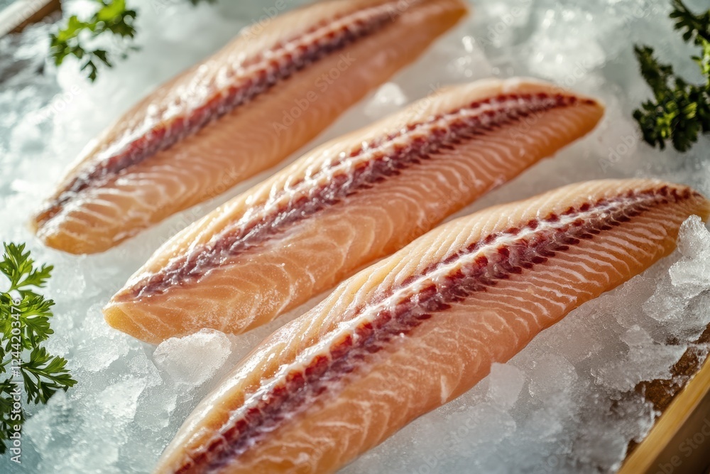 Fresh fish fillets placed on ice with garnishing herbs ready for culinary use
