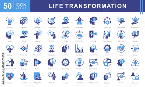 Life Transformation icon set featuring icons representing growth, change, mindfulness, resilience, and empowerment. Perfect for self-development projects, coaching, and wellness designs.