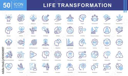 Life Transformation icon set featuring icons representing growth, change, mindfulness, resilience, and empowerment. Perfect for self-development projects, coaching, and wellness designs.