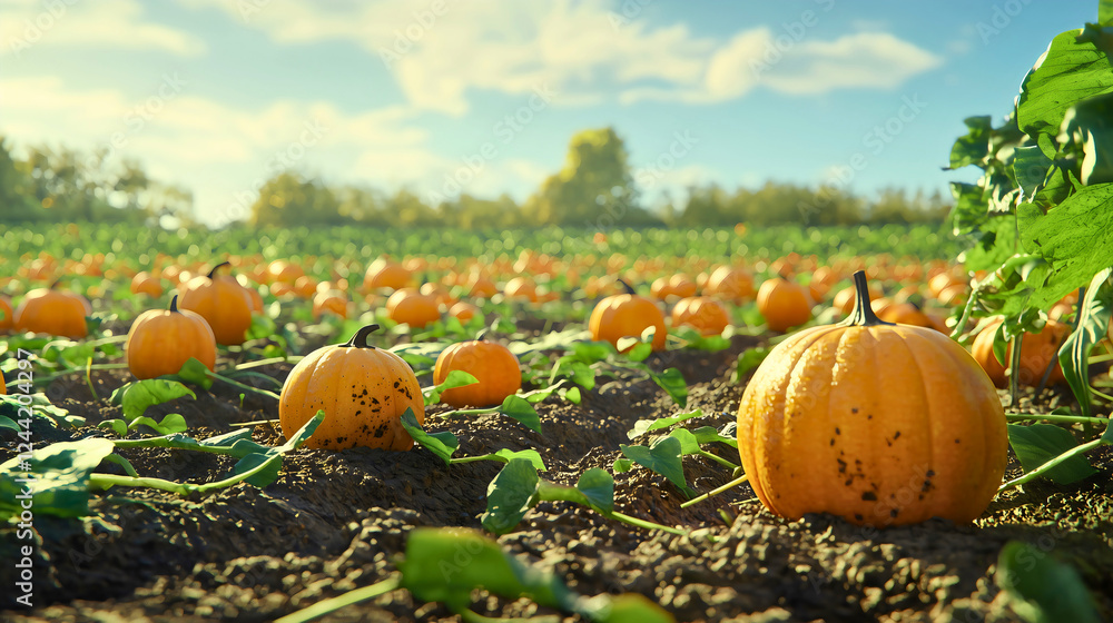 Obraz premium A large plantation of big, ripe pumpkins located on a field specialized in pumpkin cultivation, a pumpkin farm and plantation on a sunny day.