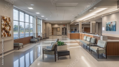 Modern hospital waiting area  calm atmosphere  sunlight  artwork