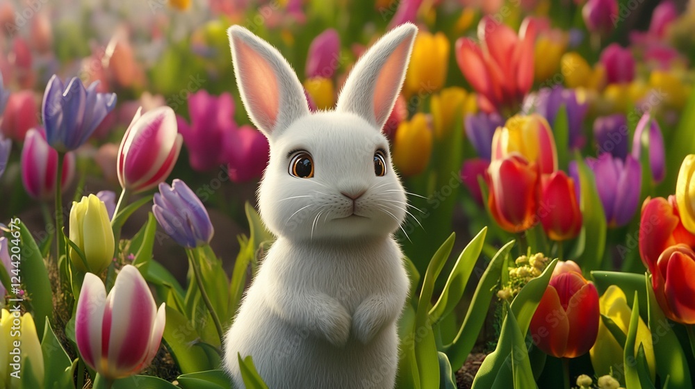 Obraz premium White rabbit sits amidst colorful tulips, spring garden