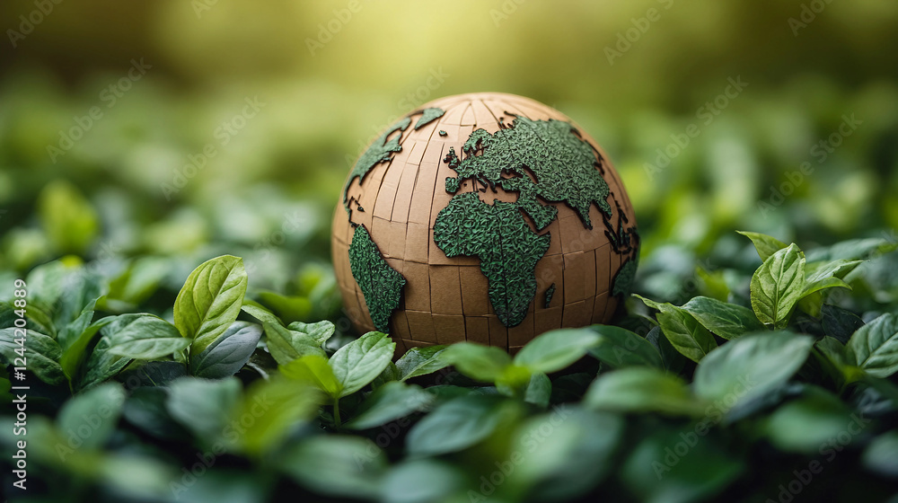 creative globe made from cardboard, surrounded by green leaves, symbolizes environmental awareness and sustainability. vibrant green background enhances eco friendly theme creative globe made from cardboard, surrounded by green leaves, symbolizes environmental awareness and sustainability. vibrant green background enhances eco friendly theme