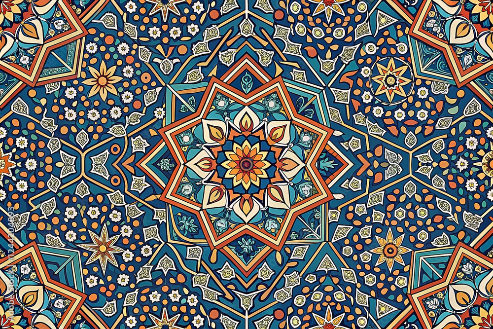 Ornate floral mandala textile design, intricate pattern, dark blue background, fabric print Ornate floral mandala textile design, intricate pattern, dark blue background, fabric print