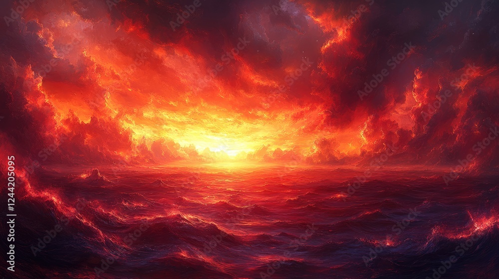 A vibrant sunset over a turbulent ocean, showcasing dramatic colors and atmospheric depth. A vibrant sunset over a turbulent ocean, showcasing dramatic colors and atmospheric depth.