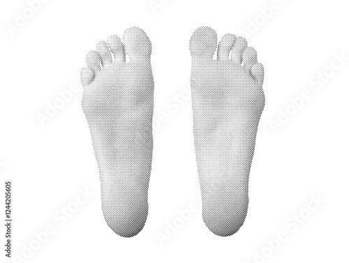 Vintage-style halftone illustration of a bare female foot, monochrome retro design emphasizing skin care, wellness. Vector isolated on white background.