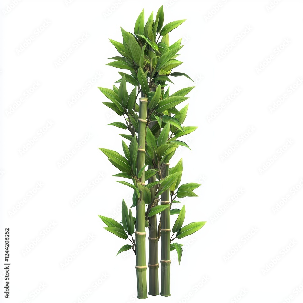 Obraz premium Tall bamboo stalks with fresh green leaves, symbolizing growth and harmony, isolated on white background