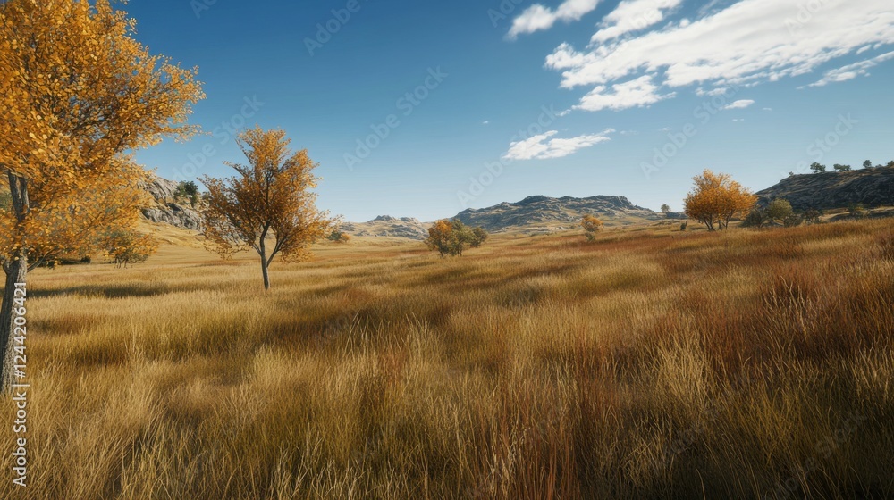 Stunning Autumnal Landscape: Golden Grass Field and Majestic Mountains Stunning Autumnal Landscape: Golden Grass Field and Majestic Mountains