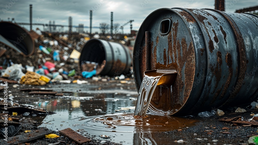 Ecology issue with rusty barrel leaking toxic liquid Ecology issue with rusty barrel leaking toxic liquid