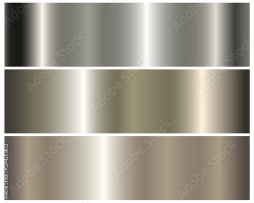Collection of silver, chrome metallic gradient. Plates with shiny silver effect. Large set of luxury silver gradients. Vector illustration