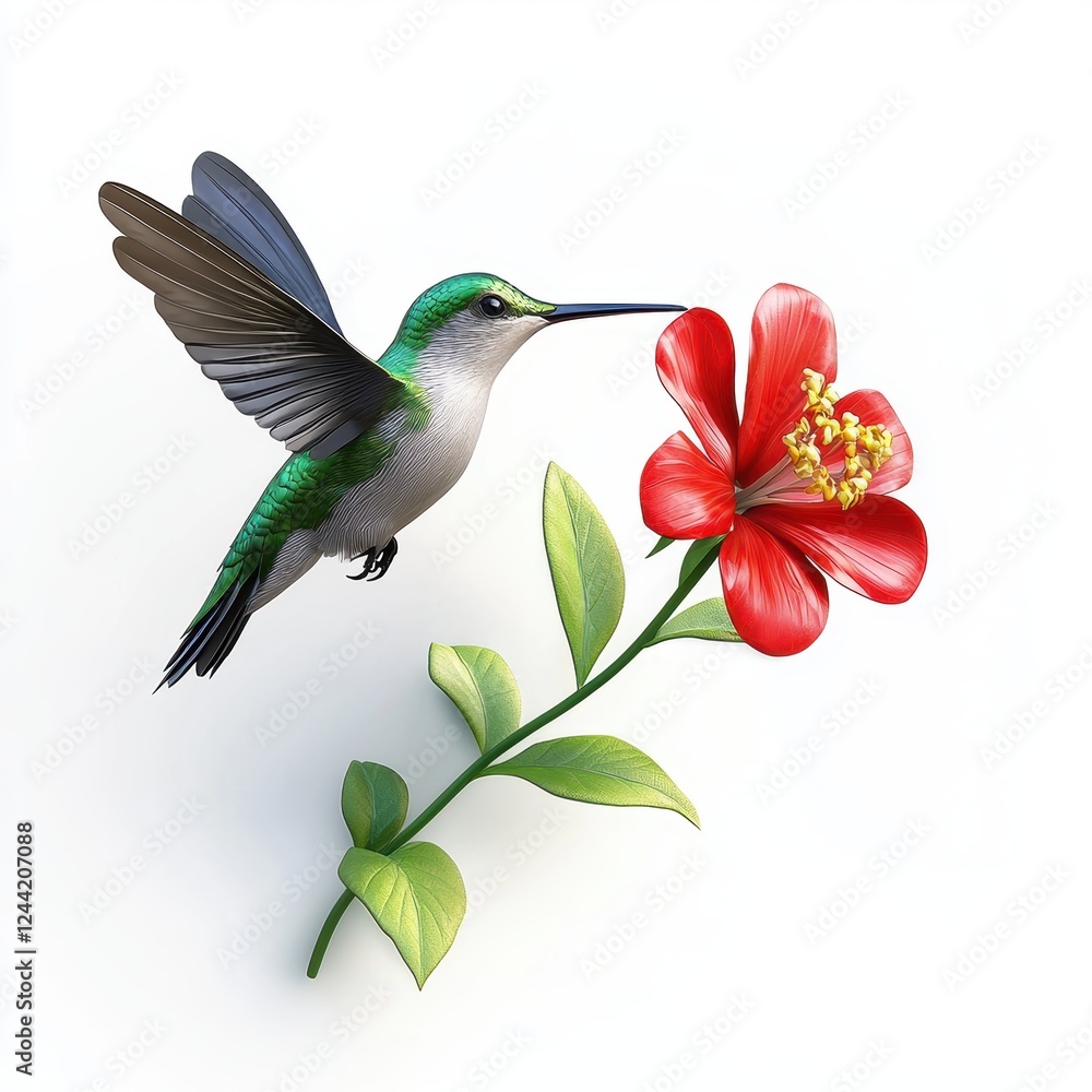 Fototapeta premium tiny hummingbird hovering near a flower, isolated on white