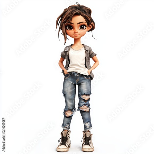 Tomboyish girl in a loose t-shirt, ripped jeans, and sneakers, isolated on white background photo