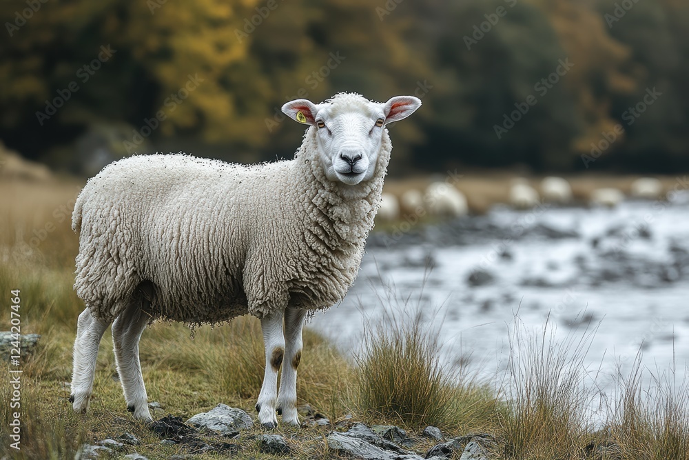 Sheep grazing peacefully on a hillside near a flowing river Sheep grazing peacefully on a hillside near a flowing river
