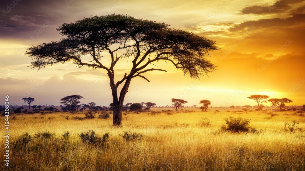 African Savanna Sunset: A Golden Hour Landscape Painting of the African Plains African Savanna Sunset: A Golden Hour Landscape Painting of the African Plains