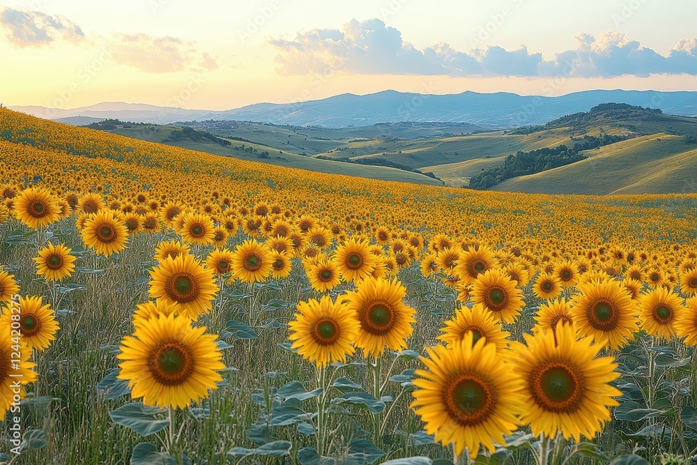 Obraz premium Golden sunflower field stretches across rolling hills at sunset