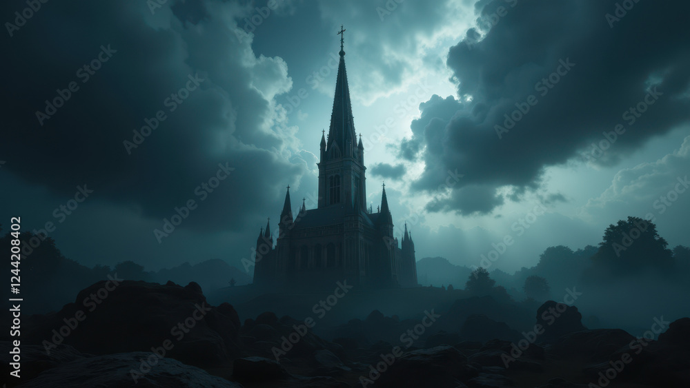 Fototapeta premium Dark gothic church with looming storm clouds above.