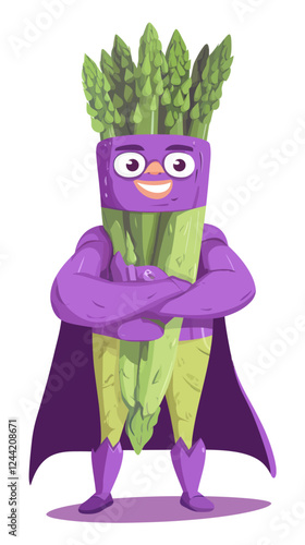 Cheerful Asparagus Superhero Mascot with Violet Mask and Cape in Minimalist Style