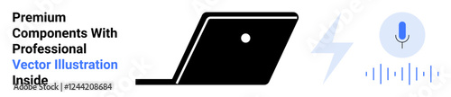 Open laptop, blue lightning bolt, and microphone icon with sound waves. Ideal for technology, innovation, communication, digital media, productivity remote work creative content creation. Abstract