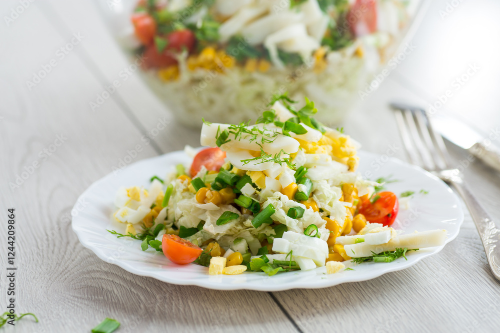 Chinese cabbage salad with squid, eggs, tomatoes and other vegetables Chinese cabbage salad with squid, eggs, tomatoes and other vegetables
