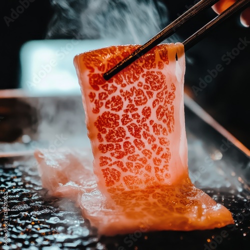 thinly sliced wagyu beef cooking on hot grill