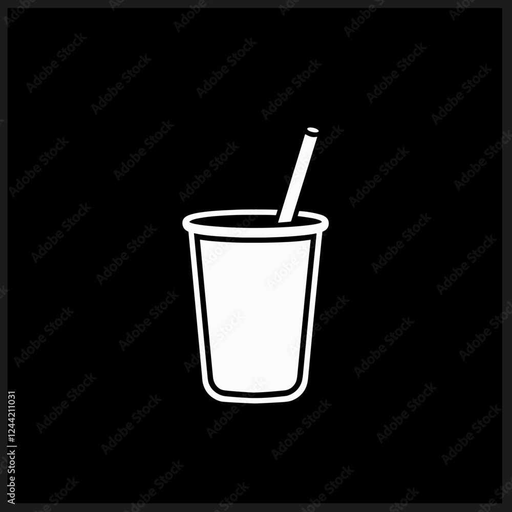 White cup with straw on black background White cup with straw on black background