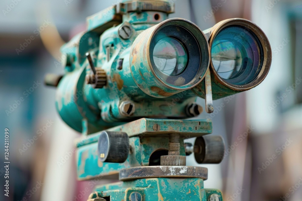 Old weathered theodolite showing signs of wear and tear from years of surveying work Old weathered theodolite showing signs of wear and tear from years of surveying work