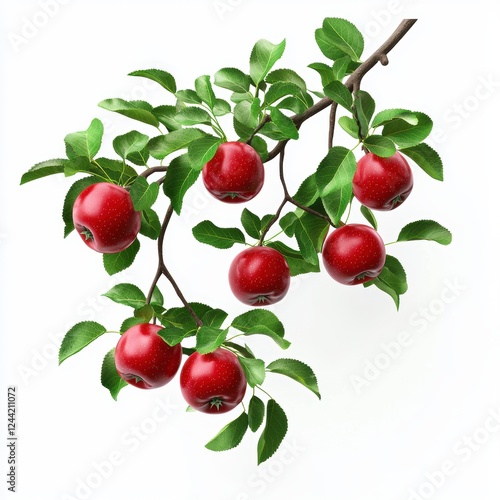 n Apple tree branch with red apples hanging and fresh green leaves, isolated on white background