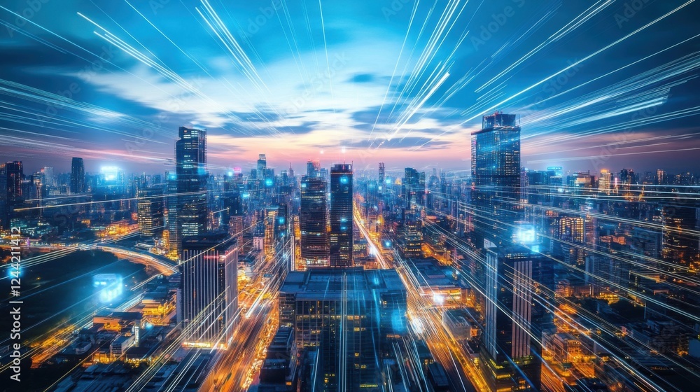 Dynamic dusk city skyline aerial view of vibrant urban landscape and technology Dynamic dusk city skyline aerial view of vibrant urban landscape and technology