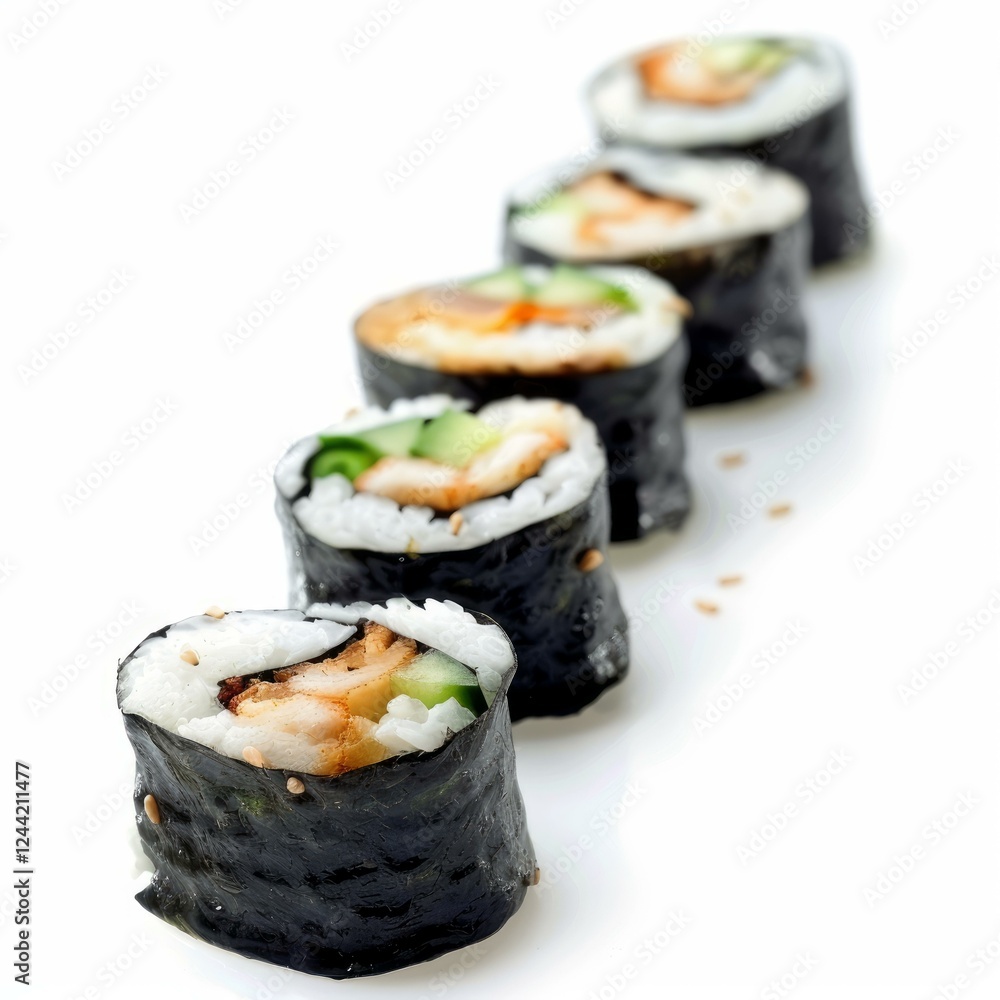 Freshly prepared futomaki sushi rolls feature tempura shrimp, cucumber, and sesame seeds, creating a visually appealing and delicious culinary experience Freshly prepared futomaki sushi rolls feature tempura shrimp, cucumber, and sesame seeds, creating a visually appealing and delicious culinary experience