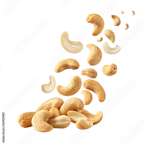 Falling cashew nuts with transparent background