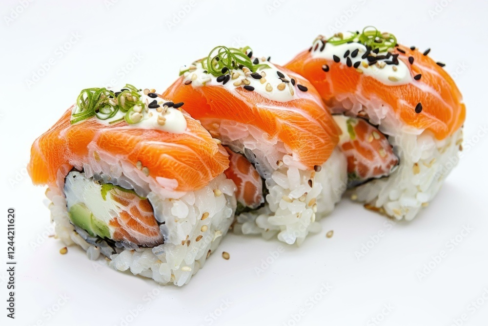 Close up of delicious philadelphia uramaki sushi rolls, featuring salmon, cream cheese, avocado, and sesame seeds, served on a pristine white surface Close up of delicious philadelphia uramaki sushi rolls, featuring salmon, cream cheese, avocado, and sesame seeds, served on a pristine white surface