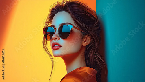 Wallpaper Mural Beautiful fashionable Young Girl with Sunglasses. Realistic Abstract Female Portrait Drawing Colorful Background, Vector Illustration Style. Torontodigital.ca