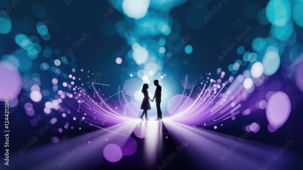 Silhouetted couple holding hands, bathed in purple and teal bokeh lights, symbolizing love and romance. Silhouetted couple holding hands, bathed in purple and teal bokeh lights, symbolizing love and romance.