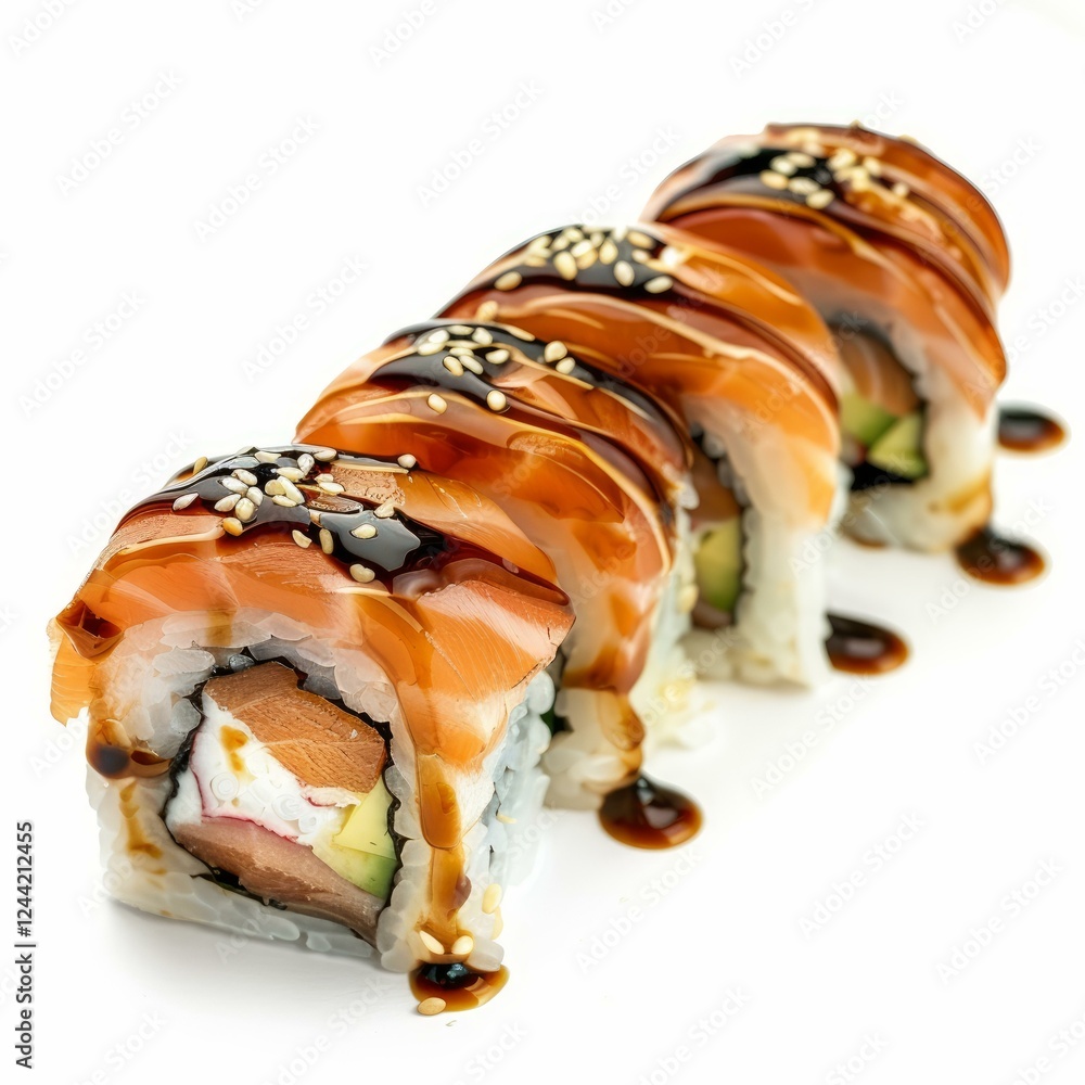 Fresh uramaki rolls with salmon, avocado, cream cheese and surimi, covered with teriyaki sauce and sesame seeds, creating a visually appealing and delicious dish Fresh uramaki rolls with salmon, avocado, cream cheese and surimi, covered with teriyaki sauce and sesame seeds, creating a visually appealing and delicious dish