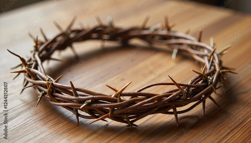 Fototapeta premium Crown of thorns on wooden surface, symbolizing sacrifice and reflection, Palm Sunday