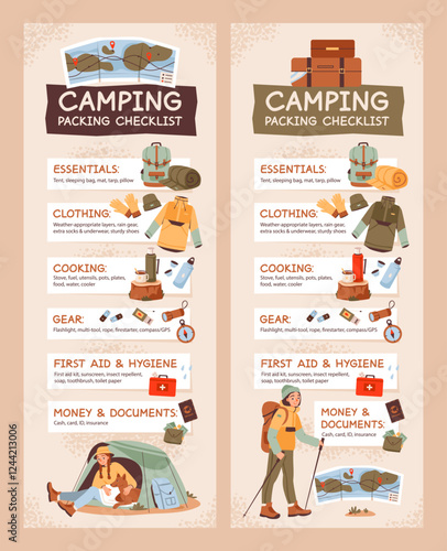 Hiking and camping checklist banner, essential travel gear for an outdoor adventure. Checklist for backpacking and nature exploration. Flat vector illustration.