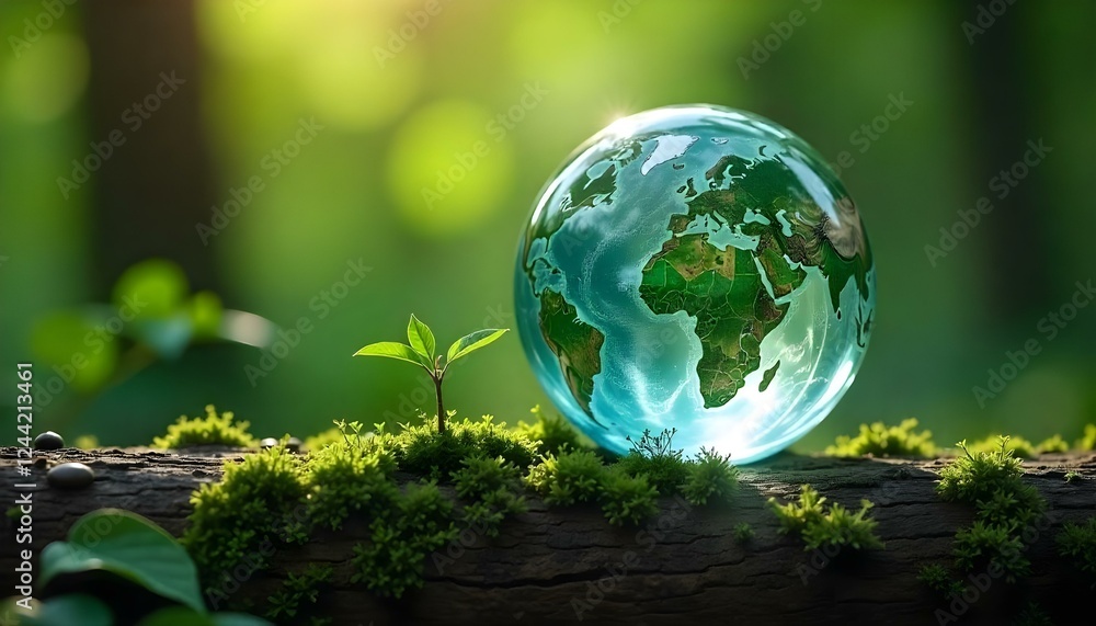 A glass globe with the world map, resting on moss and surrounded by leafy plants A glass globe with the world map, resting on moss and surrounded by leafy plants