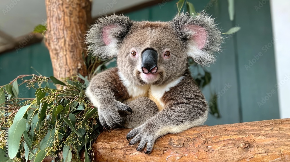 Naklejka premium Koala resting on branch, eucalyptus leaves, zoo enclosure